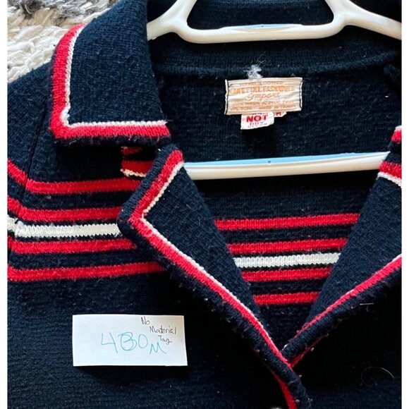 Vintage Lambswool Cardigan Sweater Hand Loomed Striped Navy Red White Sz M - Picture 5 of 7
